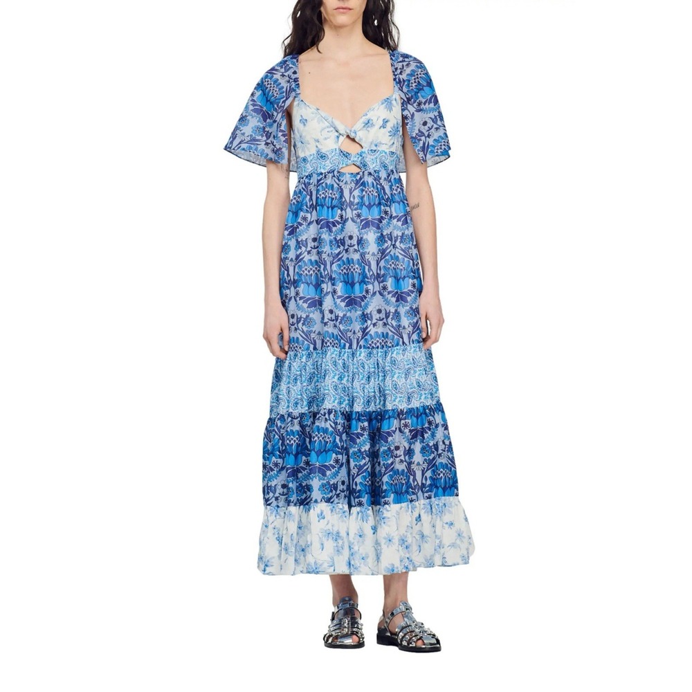 Sandro NWT Blue Floral Linen Blend Cutout Tiered Maxi Dress zip Sz6